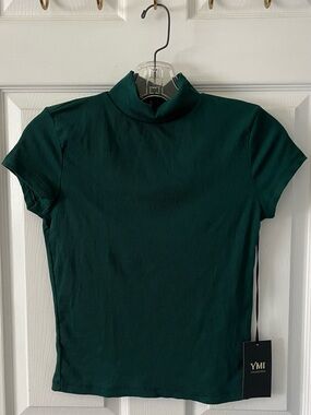 YMI Dark Green Ribbed Short Sleeve Mock Neck Top